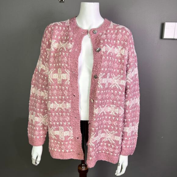 Vintage Fair Isle Sweater Medium Cardigan Country pink Whimsical Hand Knit Long - Picture 1 of 12